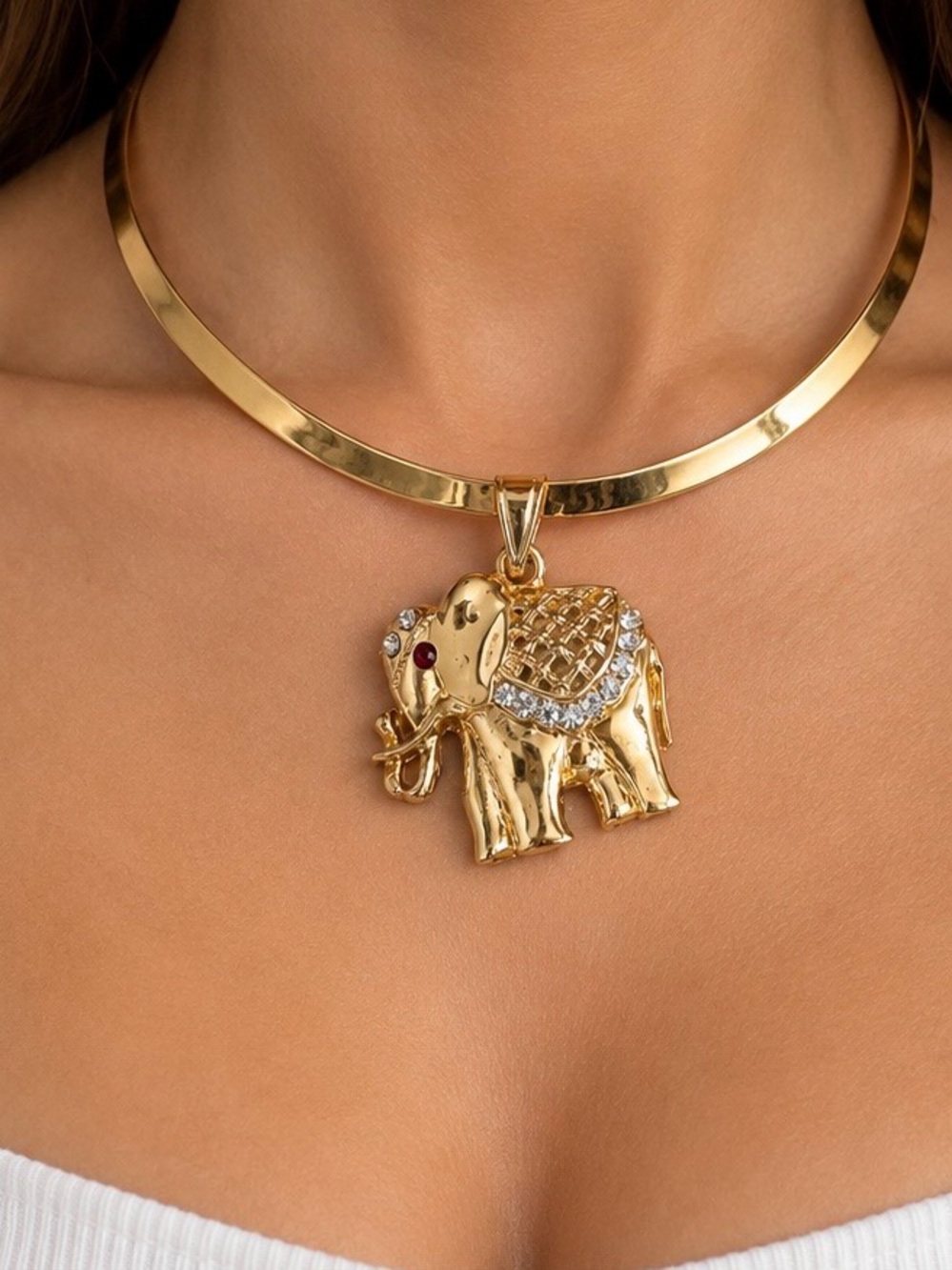 Gold Elephant Pendant Collar Necklace - Women Jewelry